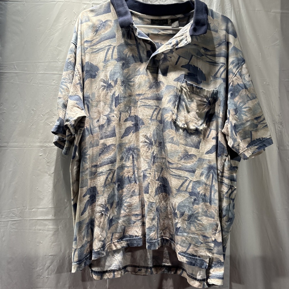 Van Heusen Mens XL Hawaiian Palm Tree Island 3 Button Short Sleeve Polo Pocket